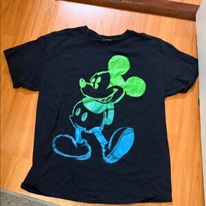 Disney Black T‑Shirt with Neon Green and Blue Mickey Graphic L